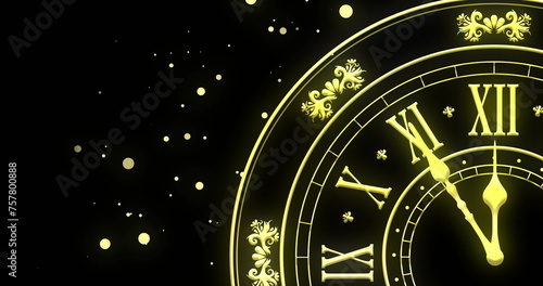 Image of clock showing midnight and fireworks exploding on black background