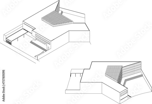 Vector detailed design sketch illustration of a modern minimalist building with glass dominant 