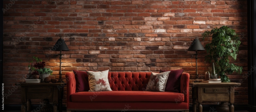 Obraz premium A vibrant living room featuring a red couch against a brick wall, complemented by wooden flooring and furniture like chairs and artworks