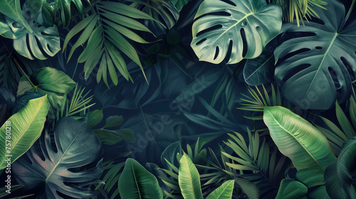 Green frame made of various leaves of tropical plants with copy space