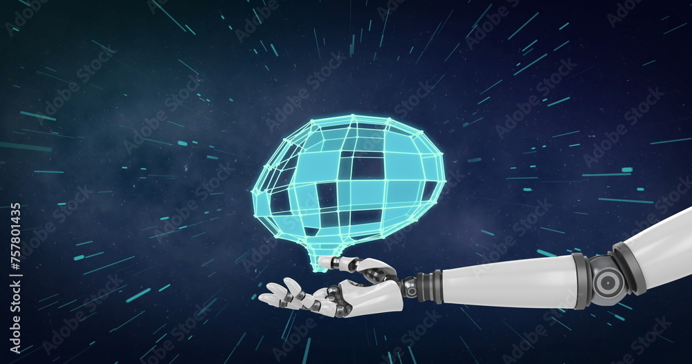 Fototapeta premium Image of robotic hand with brain with light trails on blue background