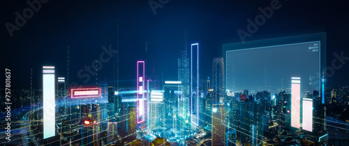 3D render futuristic cityscape at night with illuminated virtual data structures