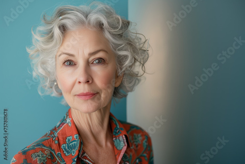 An older woman in front of a plain two tone background, gray hair healthy older vibrant