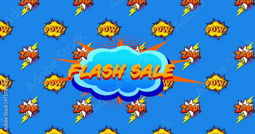 Flash Sale ad with "Pow!" and "Zap!" on retro comic bubbles, digital vintage concept.