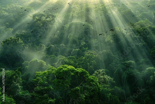 Sunbeams Piercing Through Misty Tropical Forest 