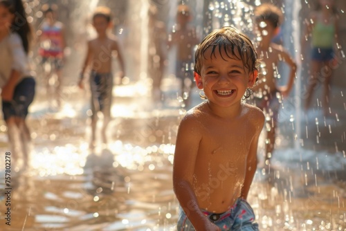 Joyful Boy Playing in Summer Fountain Spray  © Rumpa