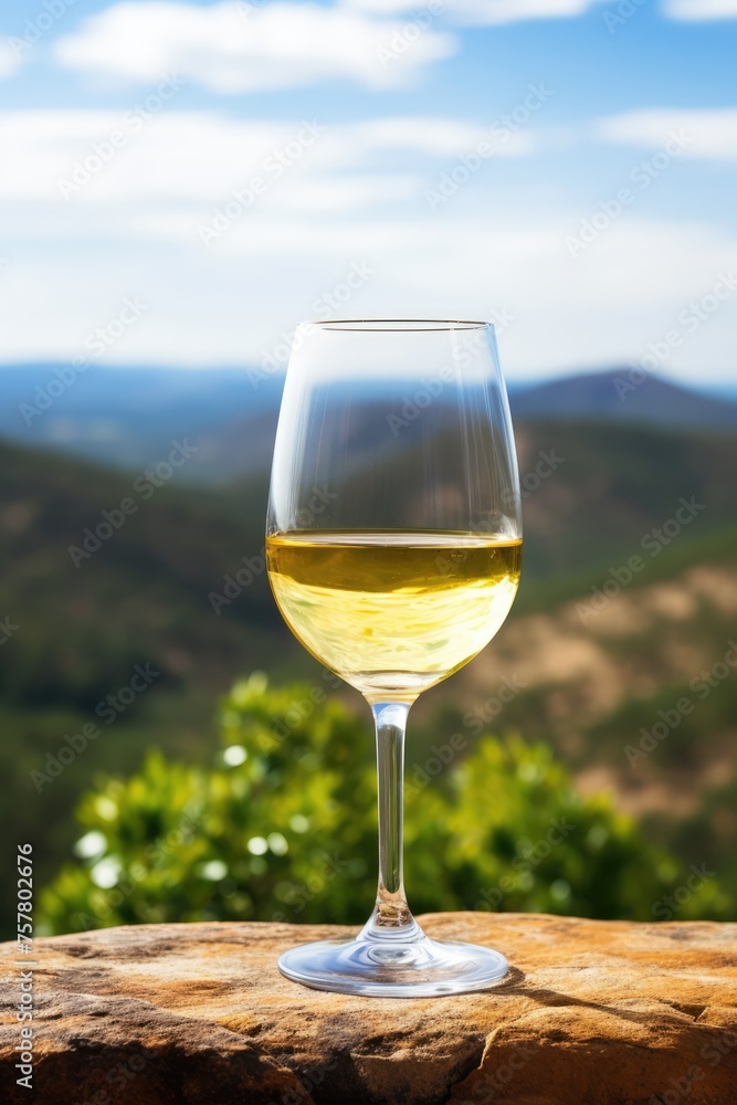 Glass of white wine on terrace with view on valley and mountains. Australian wine concept.