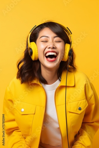 A happy smiling young Asian woman immersed in music from headphones, her joy contagious against a vibrant yellow backdrop.