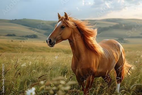 Portrait of a Majestic Brown Stallion in Nature's Pasture, Beautiful Horse Grazing in a Green Meadow, Portrait of a Brown Mare in the Serene Pasture, Stunning Portrait of a Horse Amidst Green Fields,  © Photographer