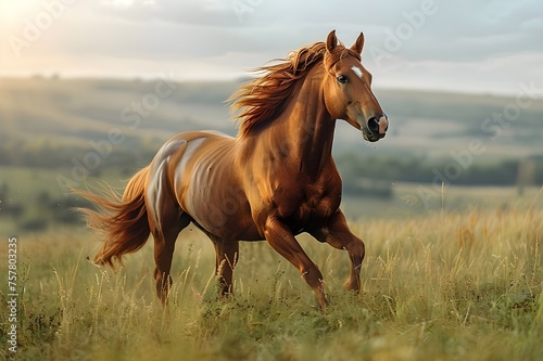 Portrait of a Majestic Brown Stallion in Nature's Pasture, Beautiful Horse Grazing in a Green Meadow, Portrait of a Brown Mare in the Serene Pasture, Stunning Portrait of a Horse Amidst Green Fields, 