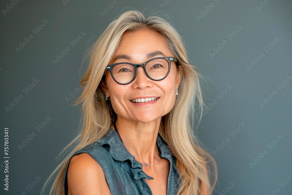 Fototapeta premium A woman with long blonde hair and glasses is smiling