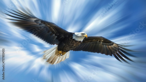 the movement of an eagle flying fast in the blue sky. Eagles fly powerfully  their wings spread wide in the air  Ai Generated images
