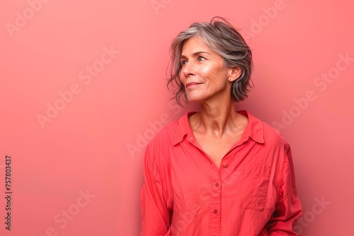 A woman in a red shirt is looking at the camera with a smile on her face