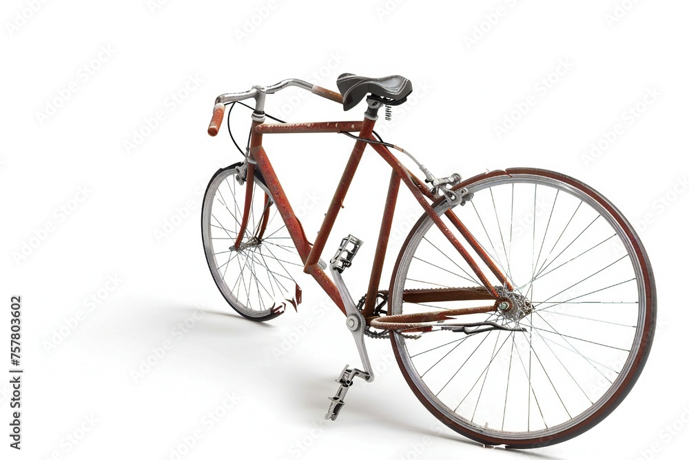 Broken bicycle isolated on white background Generative Ai 