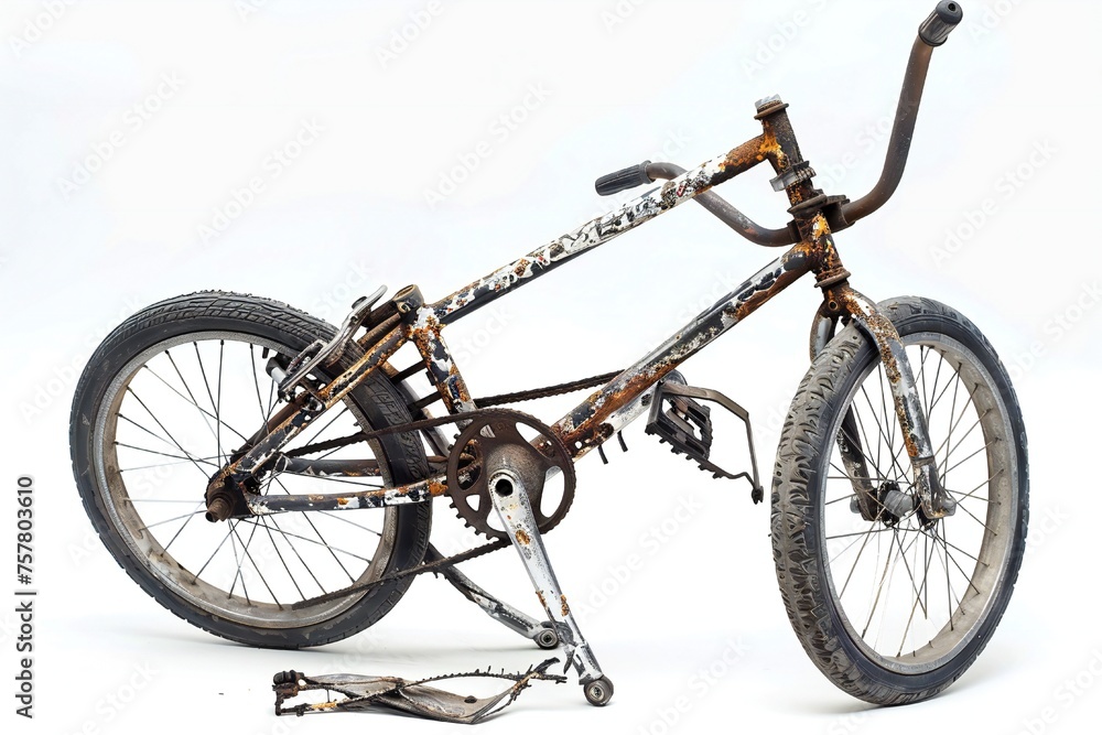 Fototapeta premium Broken bicycle isolated on white background Generative Ai 