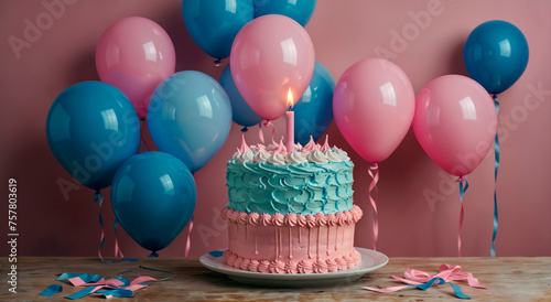 Festive pink and blue background with cake
