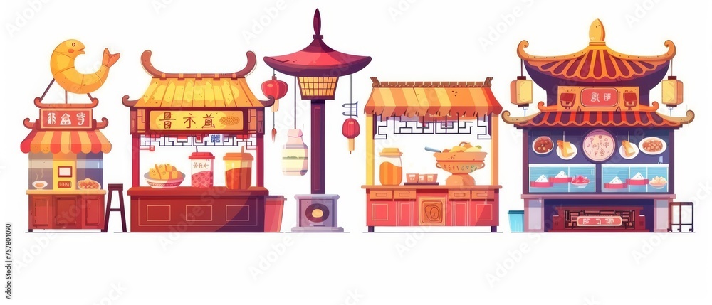 Cartoon modern illustration set of food and drink kiosks for traditional carnivals, markets, and park festivals. Commercial stand with chinese food, ice cream, and coffee.