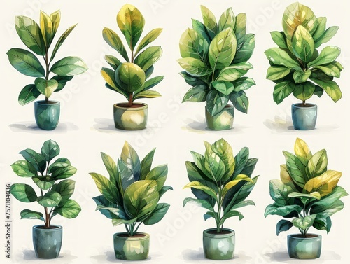 Contemporary Illustrations of Rubber Plants on White Background Generative AI