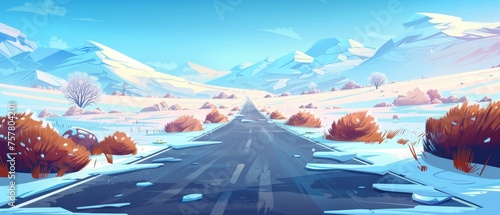 Snowy meadows with bushes and trees leading to rocky mountains in winter. Cartoon landscape with asphalt highways, fields covered in snow and hills in the distance. photo