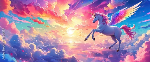 Unicorn flying on colorful clouds, beautiful fantasy white horse, magical background photo