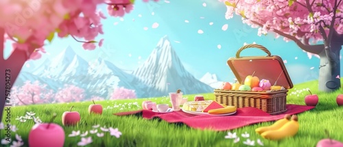 An outdoor picnic scene with snacks and fruits on a red blanket and in a basket on green grass under pink cherry or sakura trees at the foot of the Rocky Mountains. Spring cartoon scene with a lunch © Mark