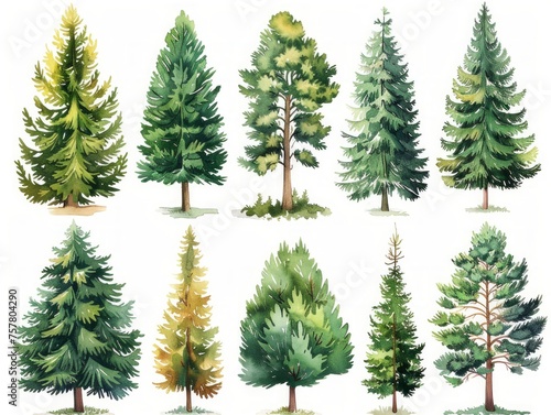 Modern Illustration Collection: Spruce Trees on White Background Generative AI © Alex