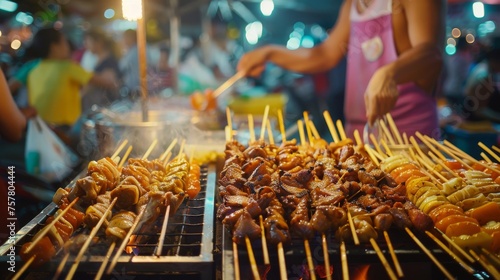 A variety of meat and seafood skewers grilling over an open flame at a lively outdoor night market, capturing the local culinary scene.