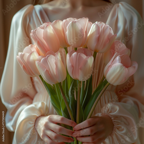 Bouquet of pink tulips in the hands of a girl in a dress.