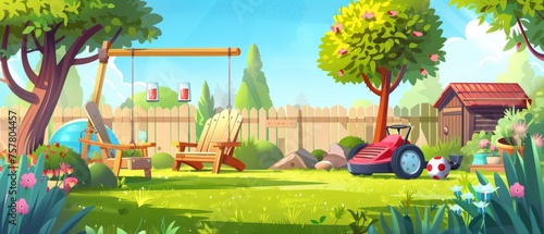 An illustration of a backyard garden with furniture and fence, a swing, a wooden armchair, a cocktail glass on a barbecue table, a lawnmower, trees in flower pots, a dog house, and a toy ball. Modern photo