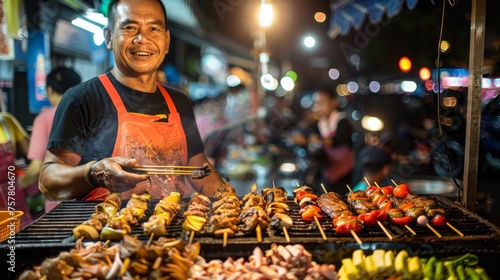 A cheerful street vendor grills an assortment of mouthwatering skewers at a vibrant night market, illuminated by festive lights. © doraclub