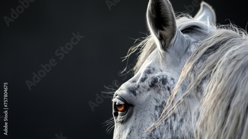 Beautiful artwork, subdued horse image With copy space and a black background, the Andalusian p.r.e. horse is seen peering over its shoulder with a speaking eye. photo