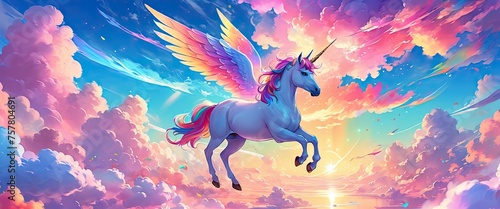 Unicorn flying on colorful clouds, beautiful fantasy white horse, magical background photo