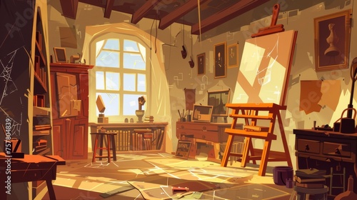 Modern illustration of damaged furniture in an abandoned artist's workshop, with cracked sculptures on dusty shelves, cobwebs on the walls, and wooden easels.