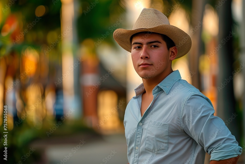 A young man wearing a straw hat and a blue shirt stands in front of a building