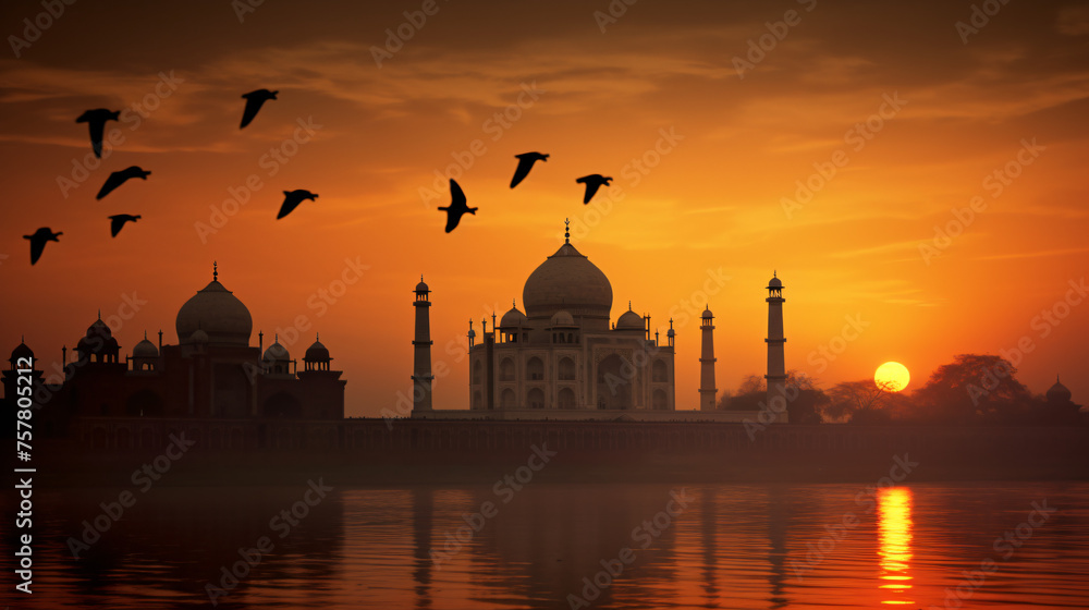 Silhouette of birds flying in the sky with Taj Mahal