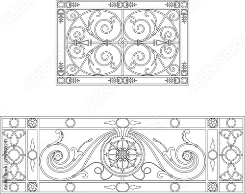 Adobe Illustrator ArtworkSketch detailed design vector illustration of classical vintage ethnic traditional floral wrought iron fence 