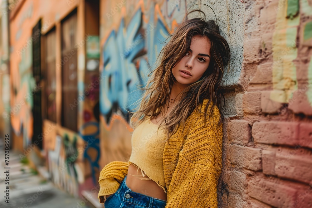 A woman in a yellow sweater stands in front of a wall covered in graffiti A woman in a yellow sweater stands in front of a wall covered in graffiti