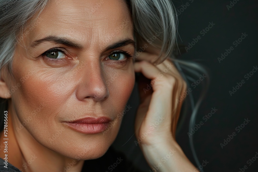 A woman with grey hair and a green eye stares at the camera A woman with grey hair and a green eye stares at the camera