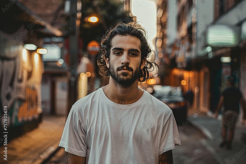 Fototapeta premium A man with a beard and long hair is standing on a city street