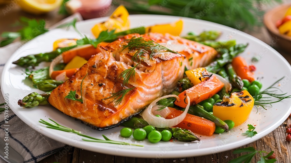 On a white platter, grilled salmon is accompanied with asparagus, peas, carrots, and spring onions.