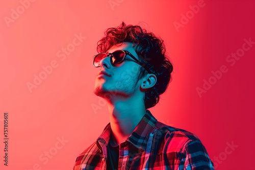A man with a plaid shirt and sunglasses is standing in front of a red background