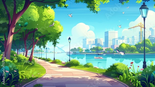 An urban park alley with street lanterns, green trees, bushes, grass, flowers, modern buildings on the opposite bank, birds in a blue sky on a summer's day. Modern illustration.