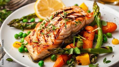 On a white platter, grilled salmon is accompanied with asparagus, peas, carrots, and spring onions.