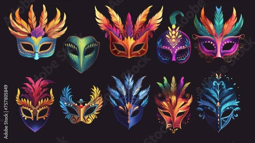 Animated modern illustration of a set of colorful carnival masks set on a black background. Modern illustration of various elements of a masquerade costume, decorated in feathers, a color pattern,