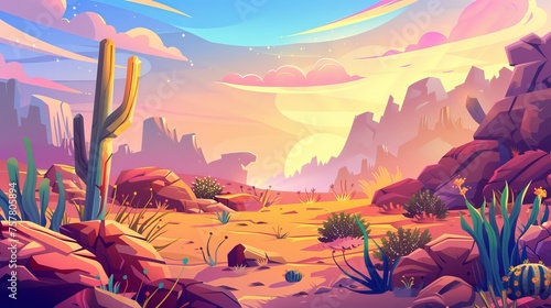 Desert landscape with rocks, cliffs and cactus on sunrise or sunset. Cartoon modern illustration of a sandy setting with canyons, wild cactus and grass flooded with pink light.