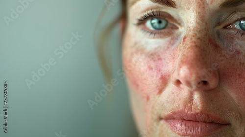 Close-up of a woman's face showing details of rosacea on her skin. Her green eyes and expression convey a sense of calmness despite the skin condition. photo