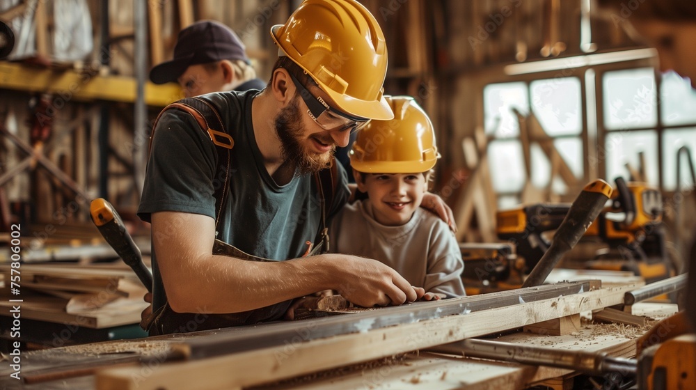 A cheerful adult carpenter in a workshop guides a young apprentice in woodworking. Both are wearing safety helmets, focusing on planing a wooden plank. - obrazy, fototapety, plakaty 