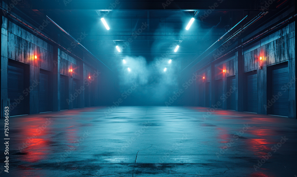 Mysterious empty warehouse interior with dim lighting and fluorescent lamps highlighting the spacious industrial atmosphere and dark, grungy walls - obrazy, fototapety, plakaty 