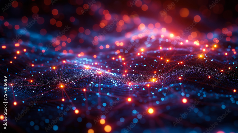 Abstract network connection with nodes and bright links on dark background, concept of digital technology and communication Abstract network connection with nodes and bright links on dark background, concept of digital technology and communication
