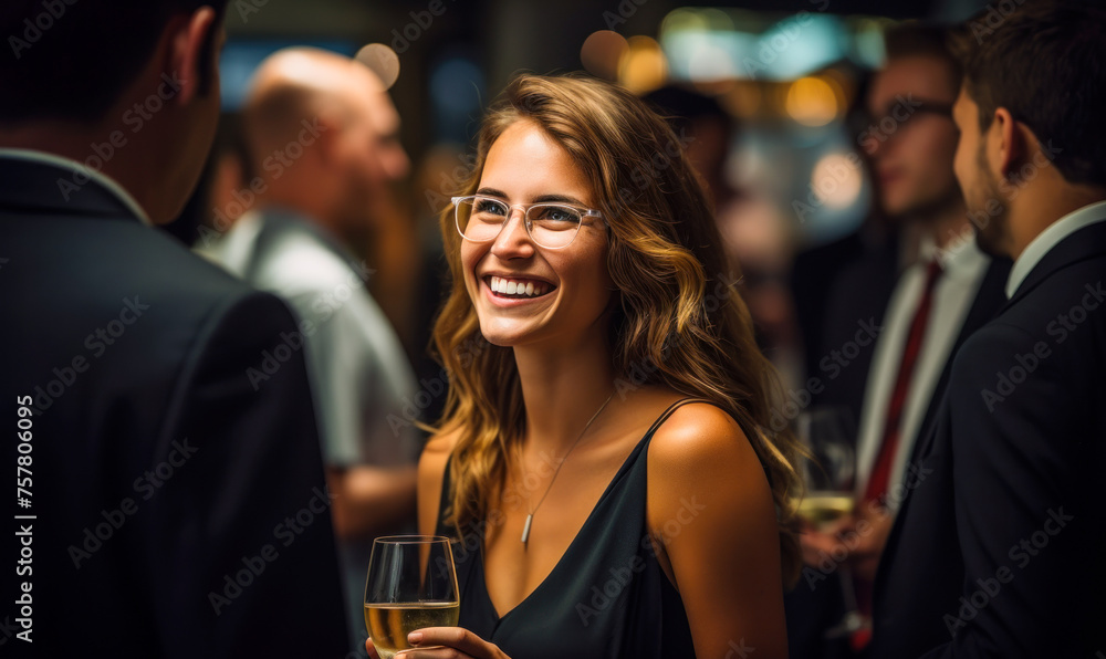 Joyful woman enjoying a lively conversation at a sophisticated evening networking event with professionals engaging in background discussions - obrazy, fototapety, plakaty 